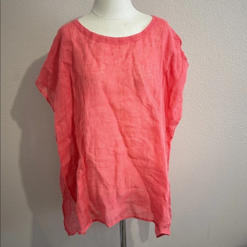 EILEEN FISHER Linen Gause Pinstriped HI Low Boxy Tunic Top Lightweight